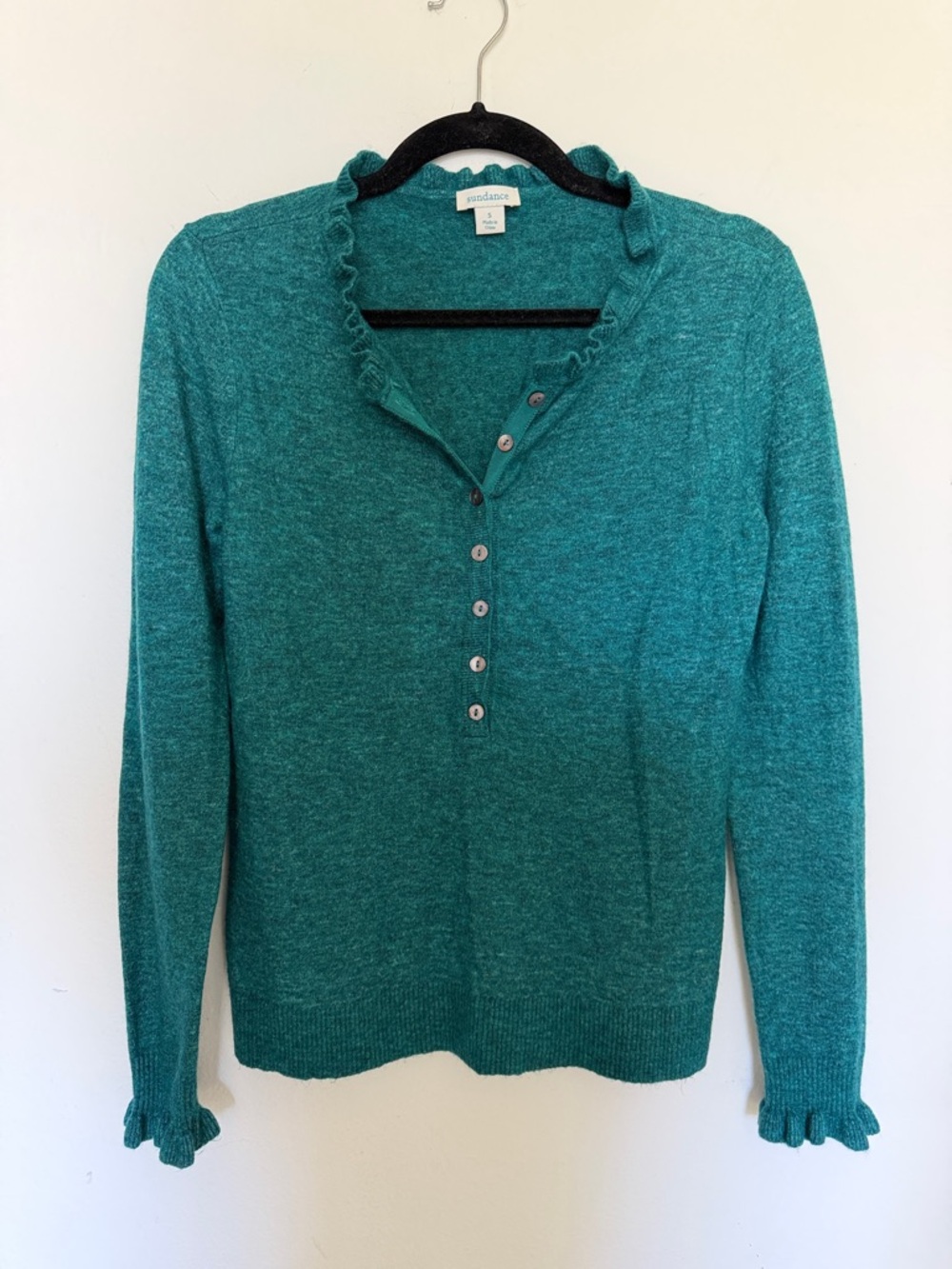 SUNDANCE Edwina Henley teal sweater with buttons